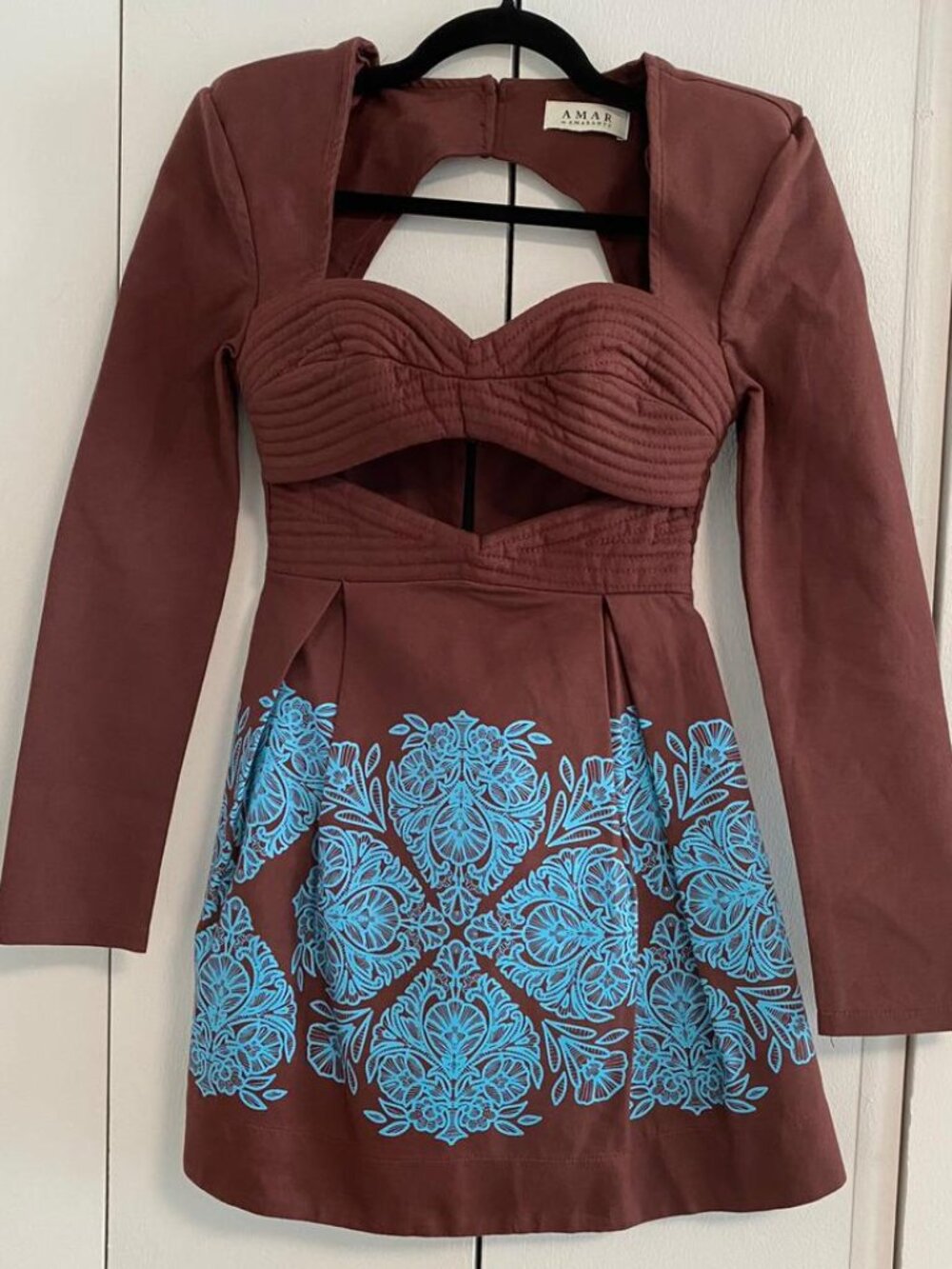 AMAR - Brown Mini Dress with Blue Floral Print